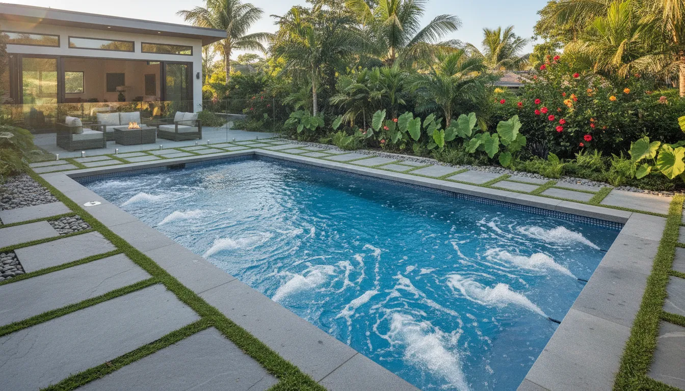 A modern swim spa installed in a backyard patio with a visible water current created by the propulsion system