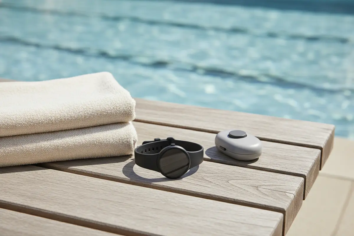 Swim watch and lap counter being considered beside a pool
