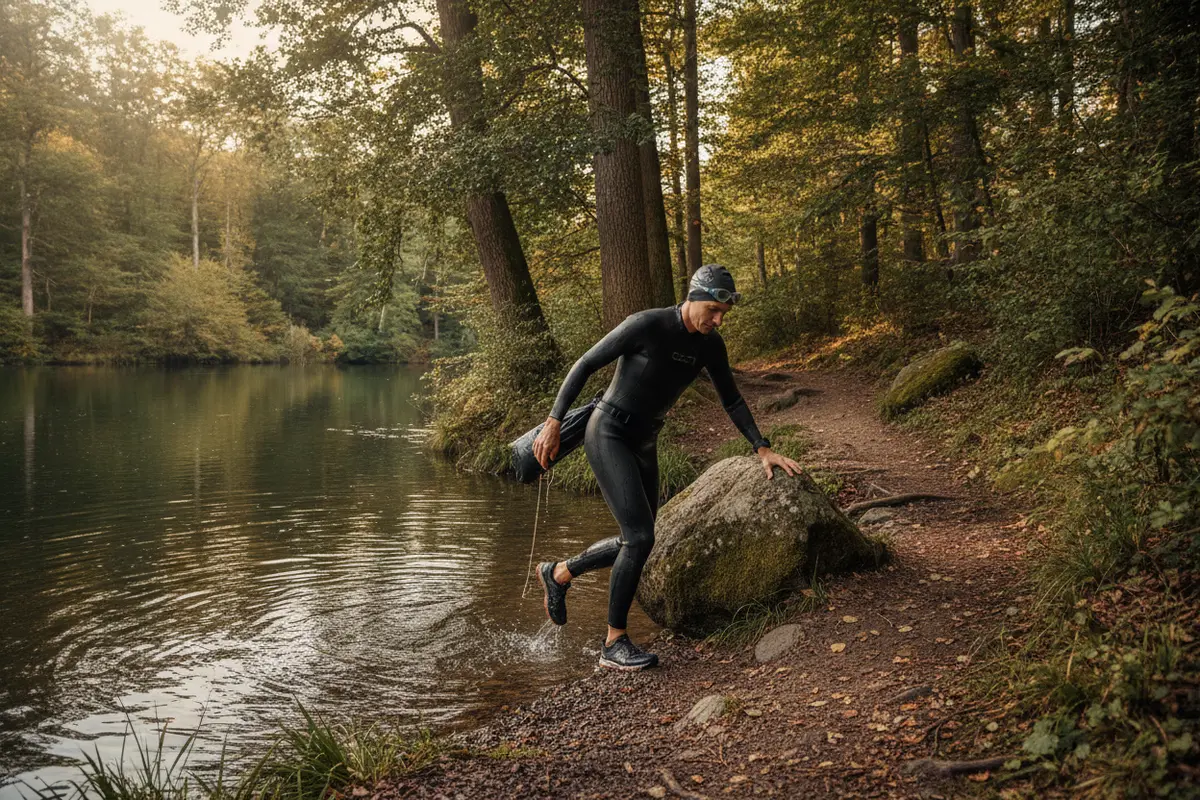 Swimrun athlete leaving the water for a trail run during practice