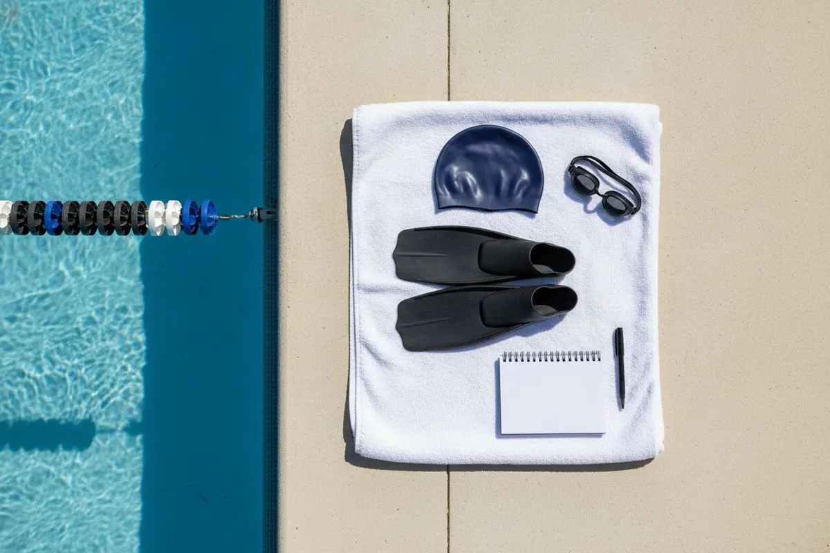 Swimrun training gear set out beside a pool before a session