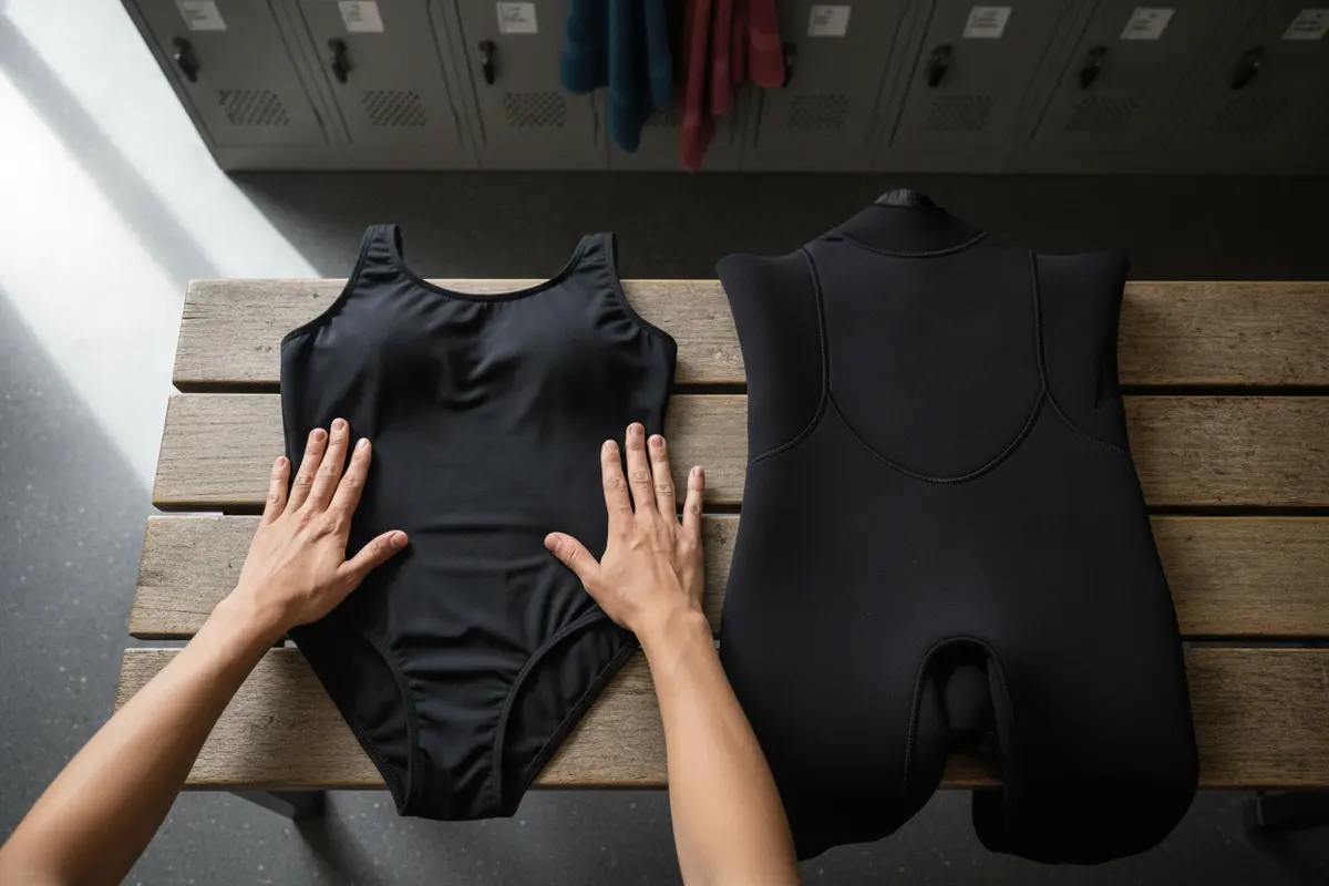 Swimwear and a wetsuit laid out for a swimmer to check fit before an open-water session