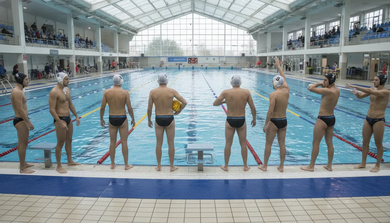 Water polo team wearing contrasting cap colors