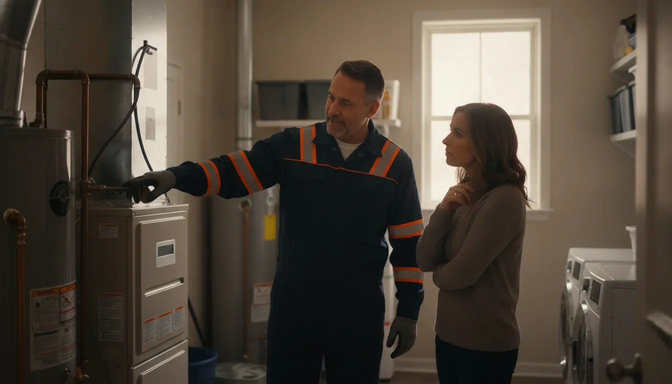 HVAC technician explaining gas and electric furnace choices in an Indianapolis home