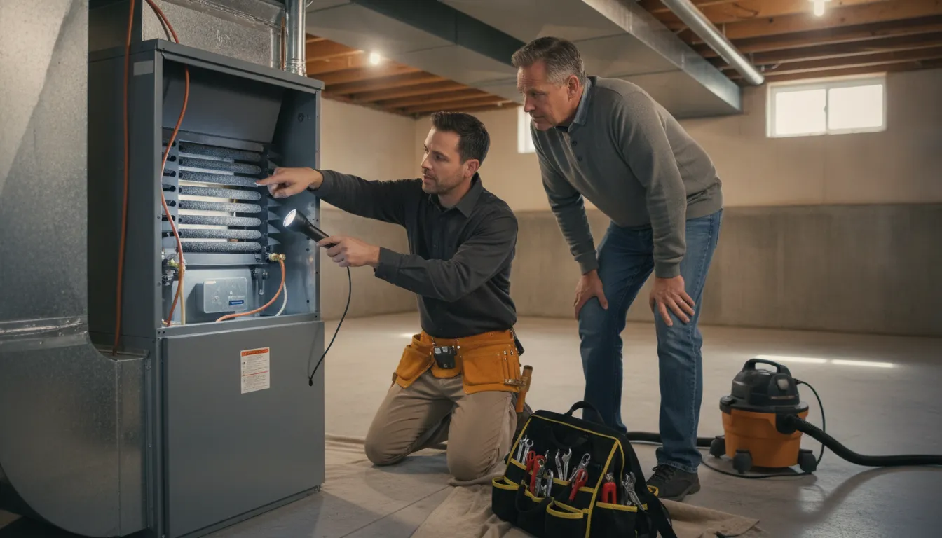 Technician reviewing furnace replacement cost Indianapolis 2025 options with a homeowner