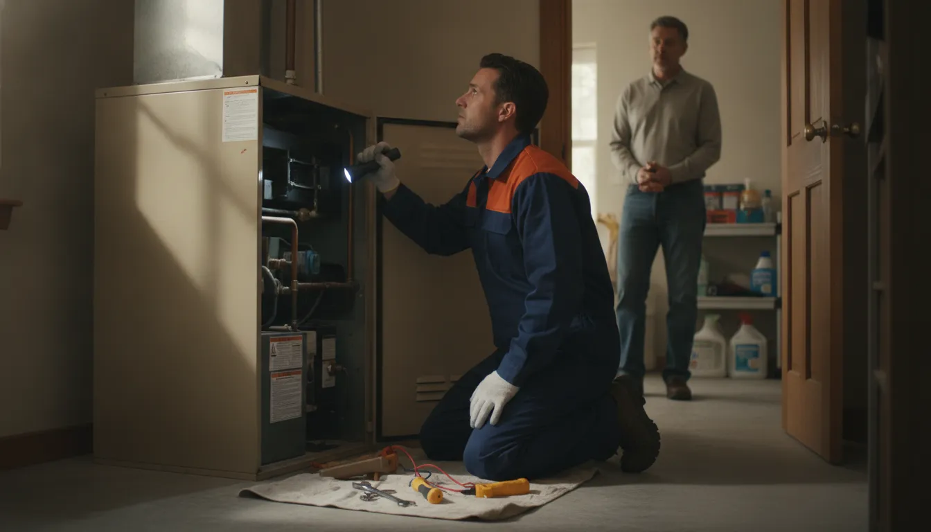 Technician inspecting an older furnace while evaluating replacement warning signs