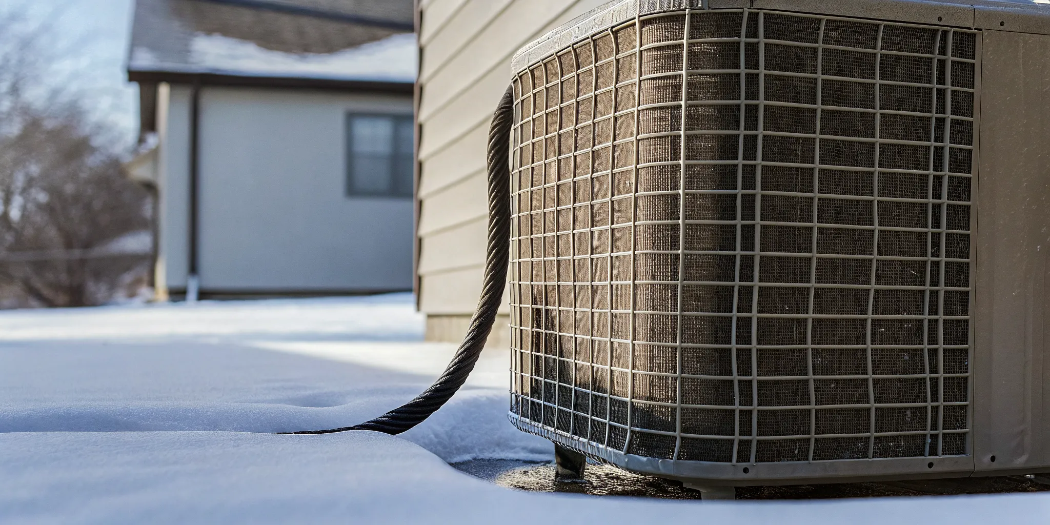 Heat pump outdoor unit covered in frost and ice during an Indiana winter, showing ice buildup on condenser coils