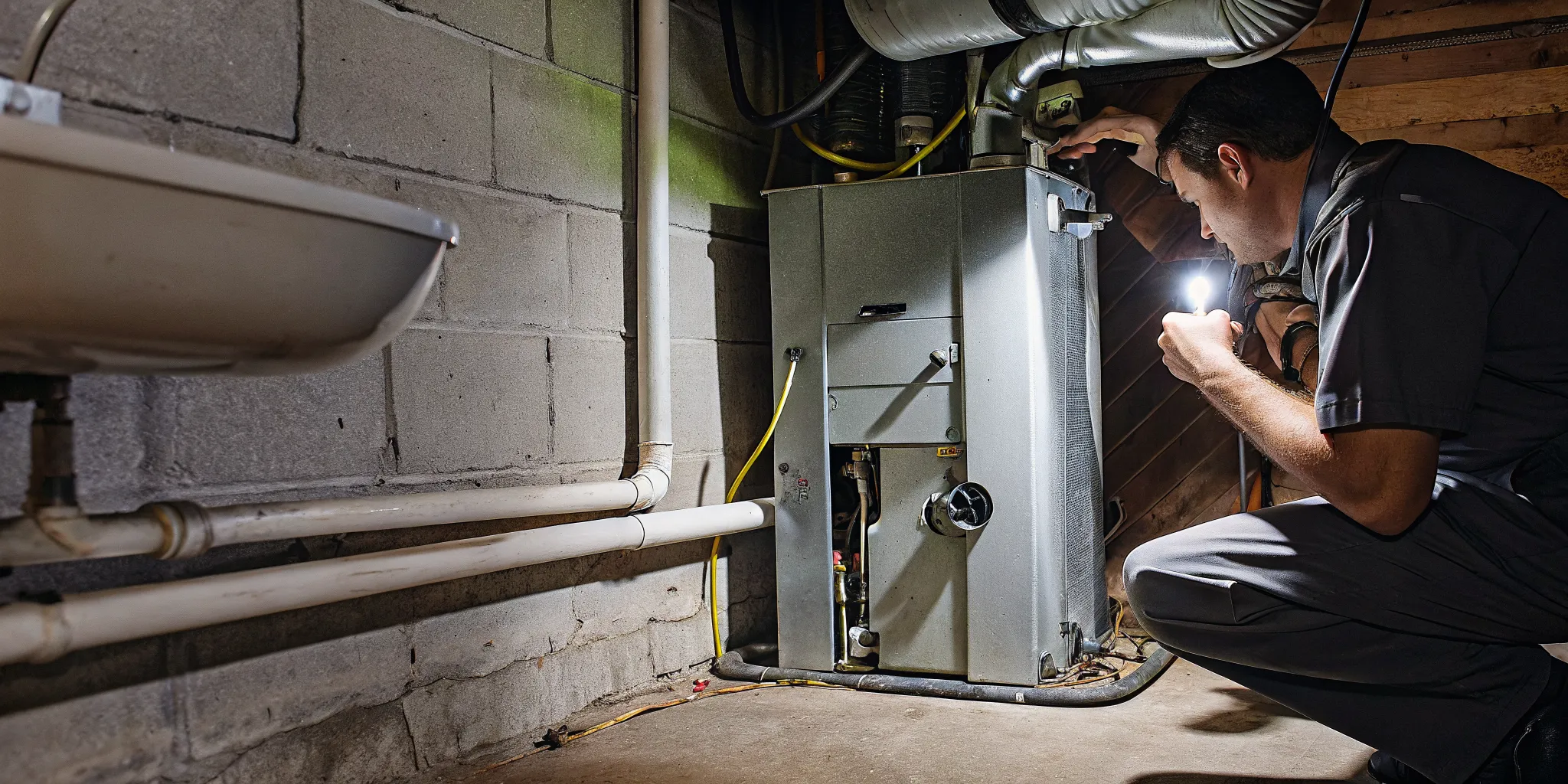 HVAC technician inspecting the interior components of a residential gas furnace in a basement