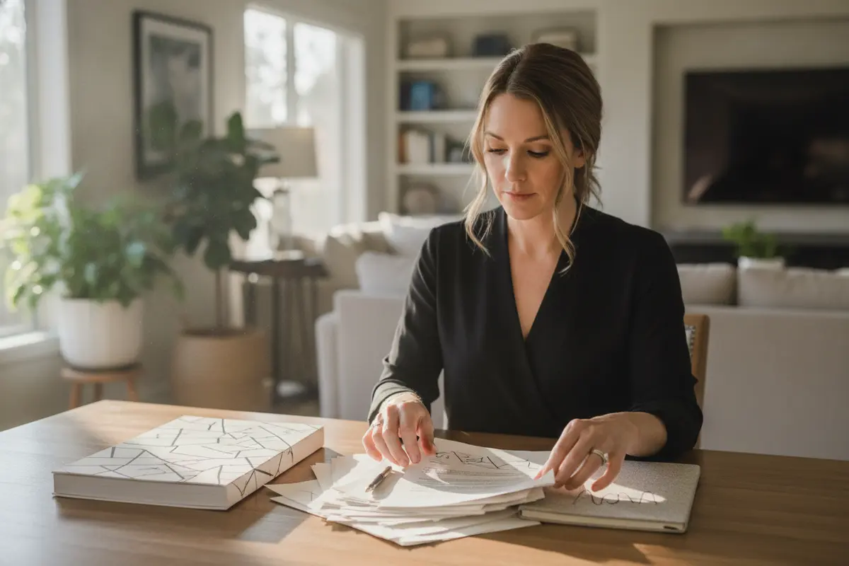 A beneficiary organizes trust statements and transaction records for review