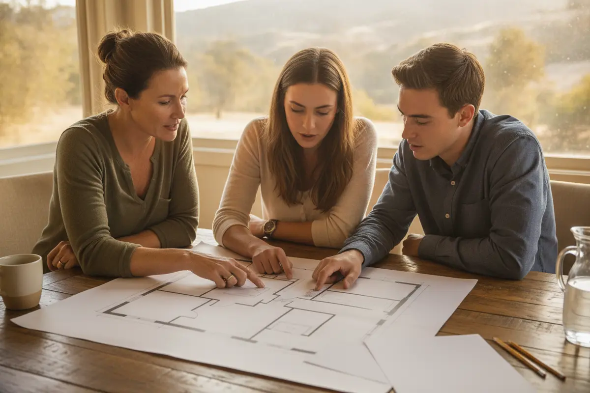 A parent and adult children discuss a family home plan at a table