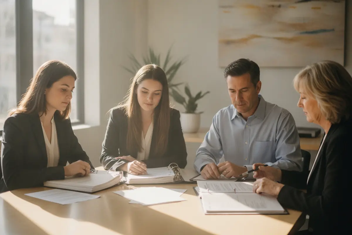 Beneficiary and attorney reviewing a trust document together