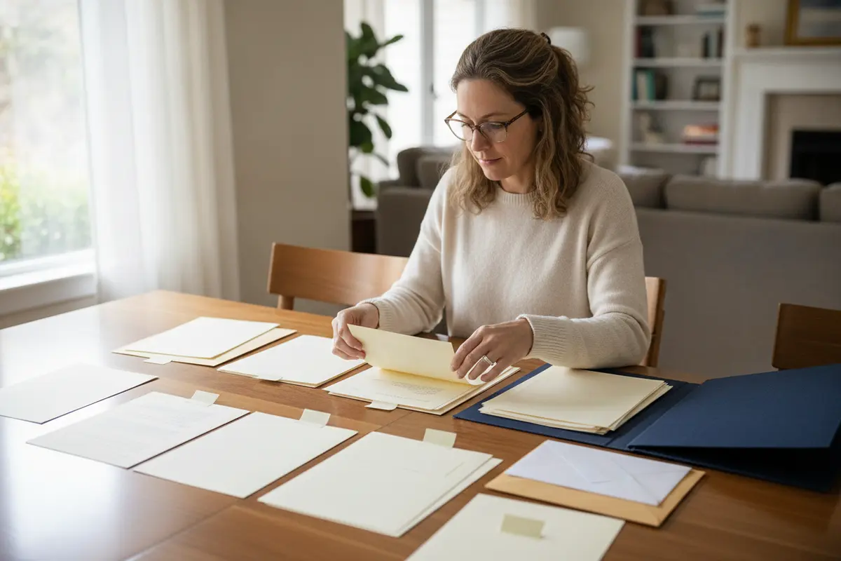 Beneficiary organizing trust statements and correspondence to document questions for the trustee