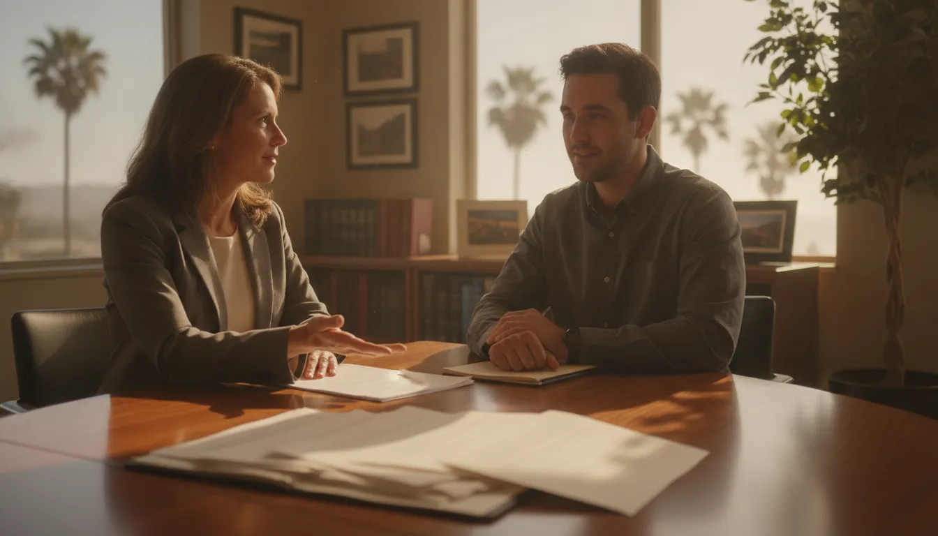 Beneficiary organizing California estate records with an attorney