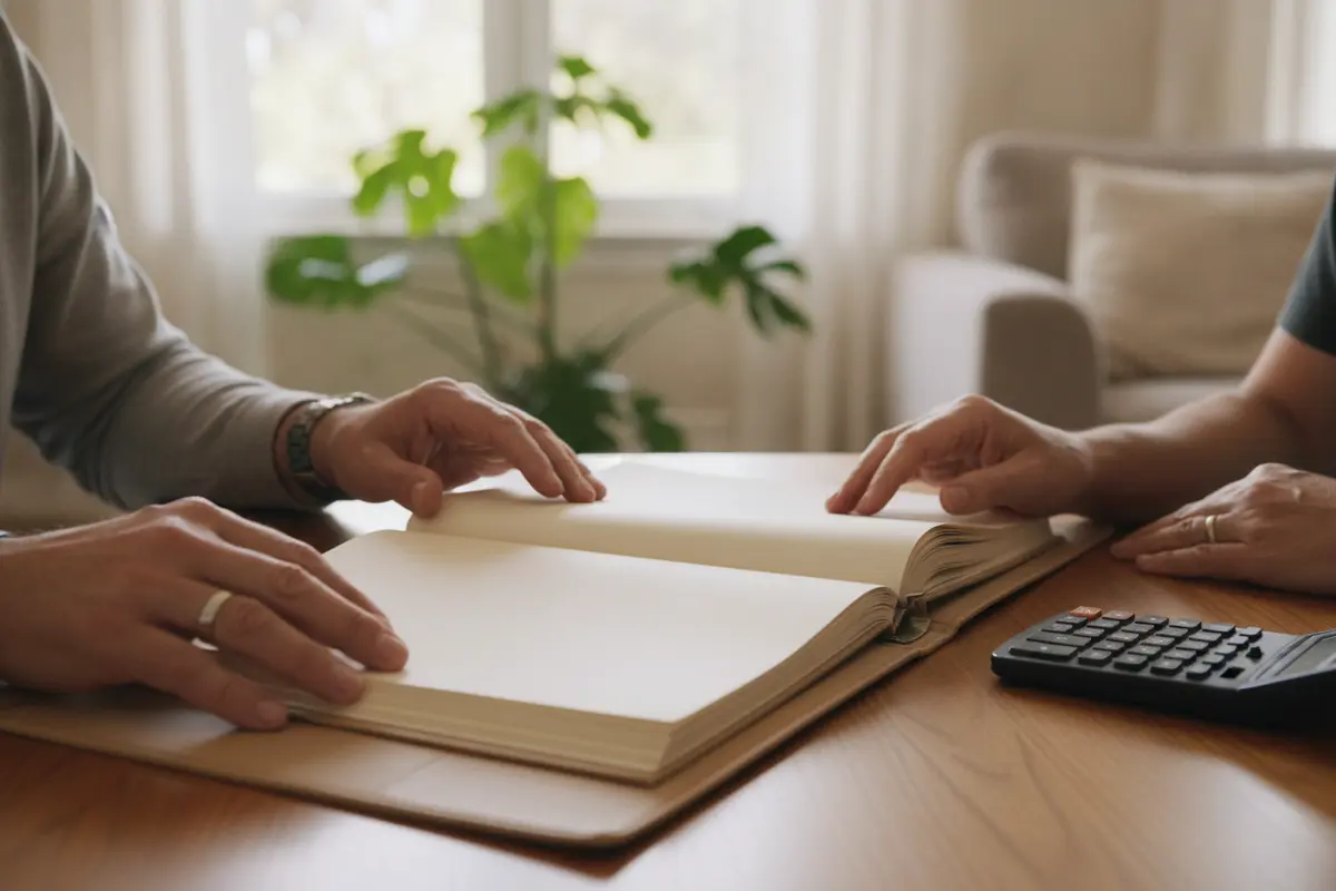Diagram-style planning papers beside a family trust binder, with no readable text