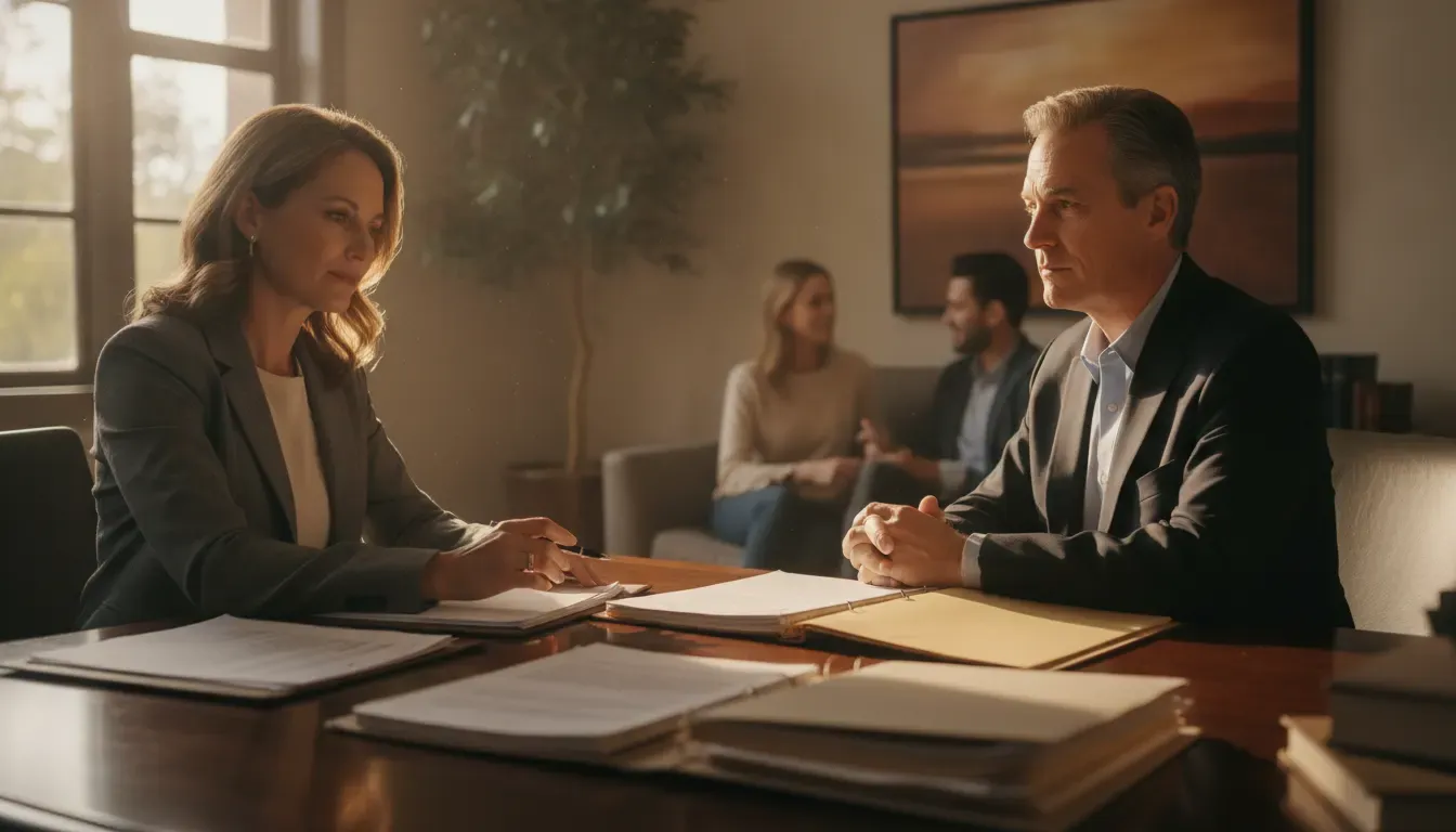 Trustee and beneficiary reviewing trust records with an attorney