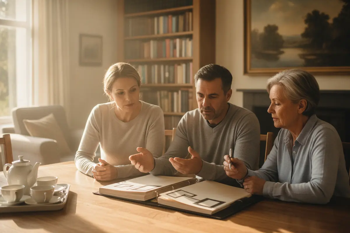 Family members discuss partnership roles and estate planning documents