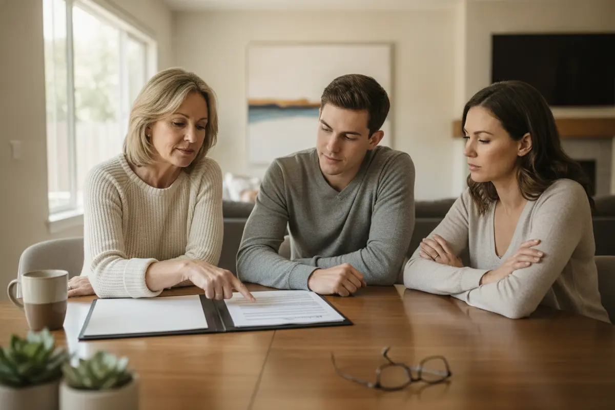 Family members discussing estate documents at home