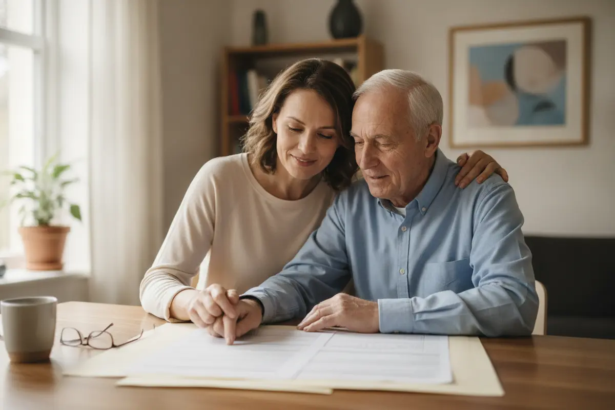 Family members discussing future care and estate planning together