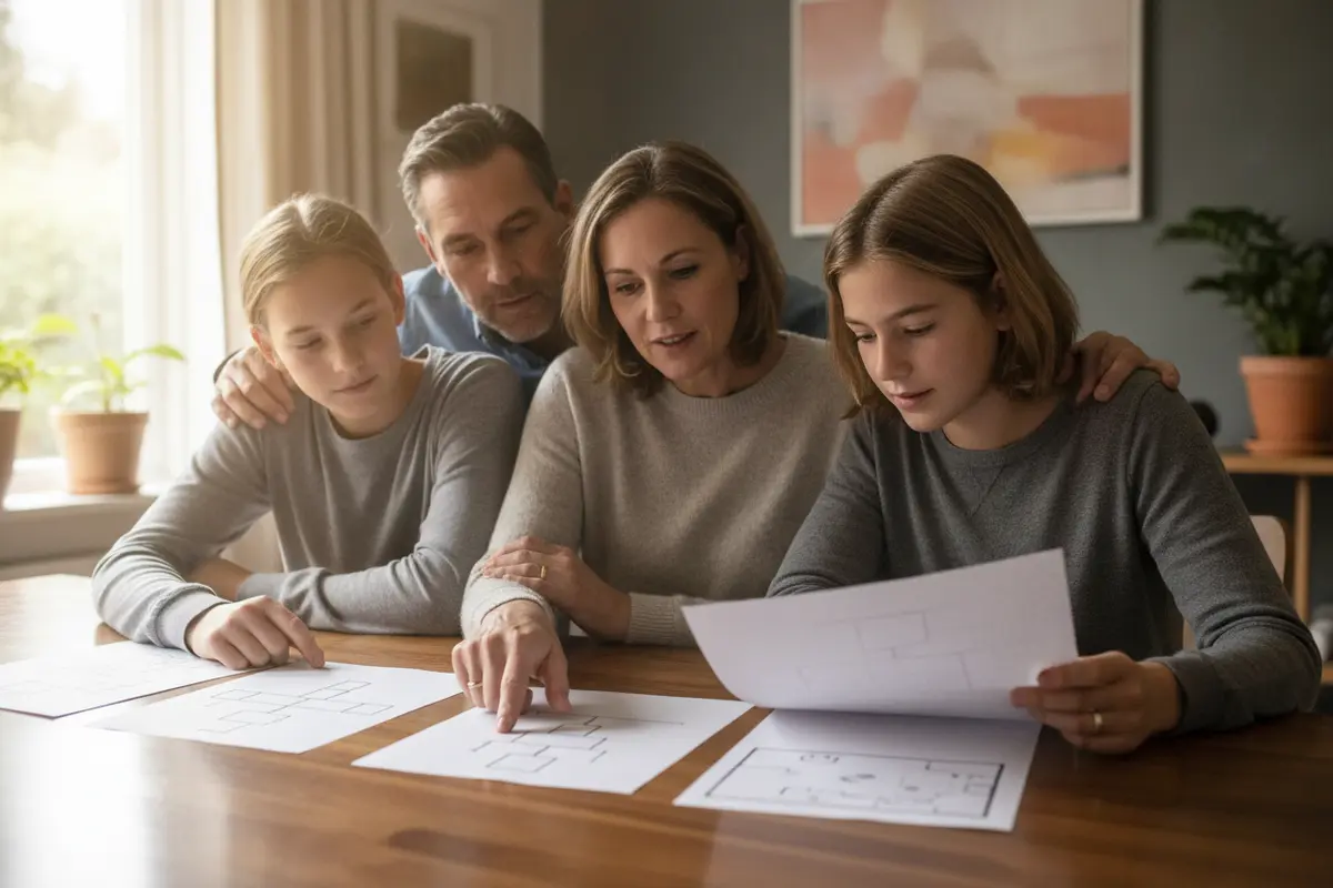 Family reviewing trust documents and property records together