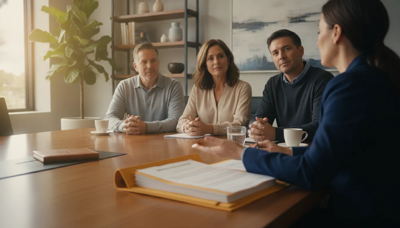 Family reviewing organized estate documents with an advisor