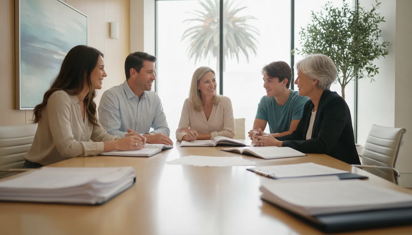 Family discussing trust administration documents with an estate planning professional