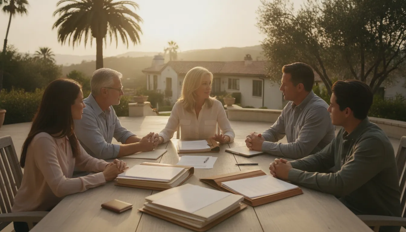 Family discussing inheritance planning and trustee responsibilities at a table