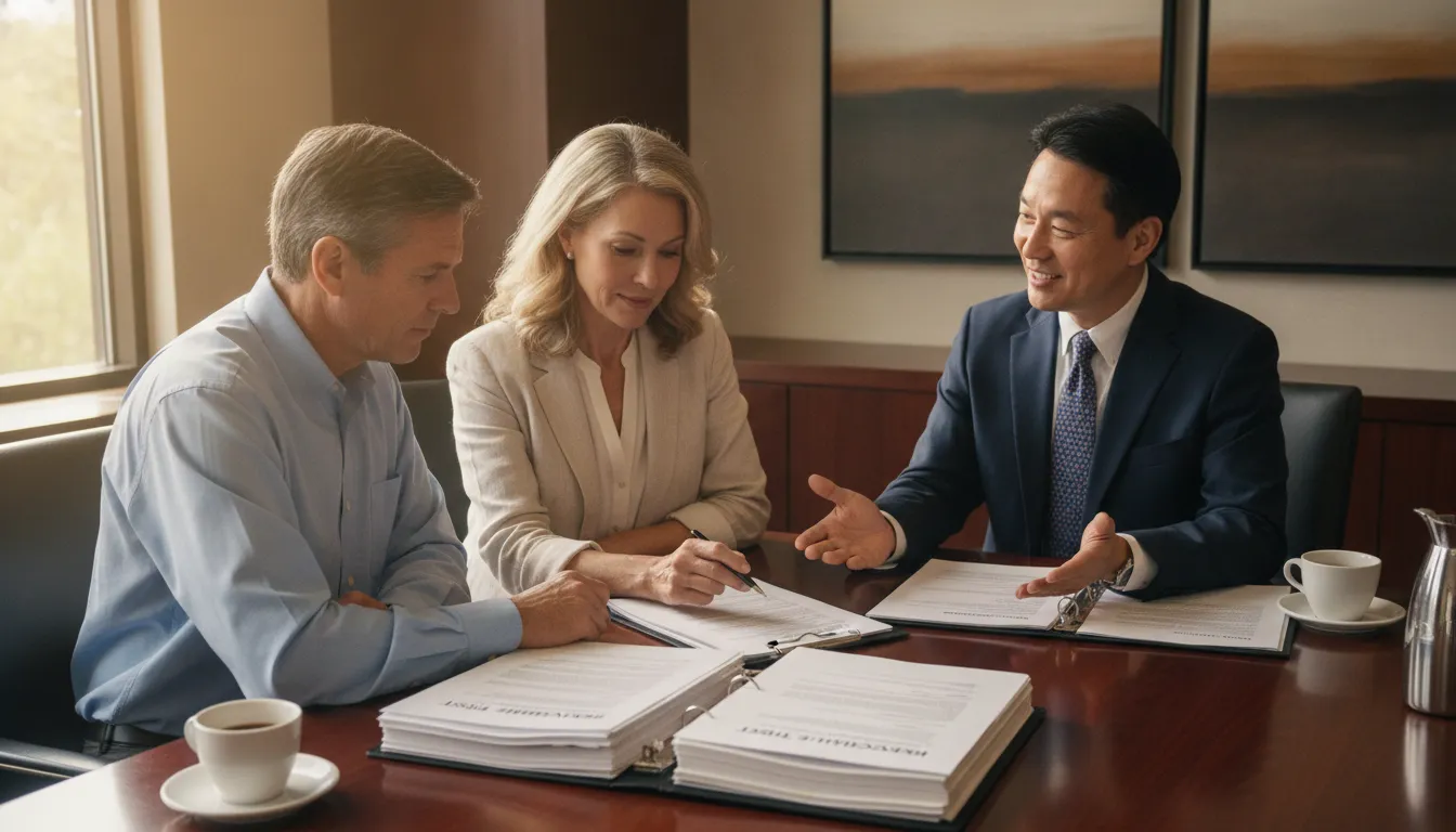California couple meeting with a trust officer to sign trust retitling documents at a bank office