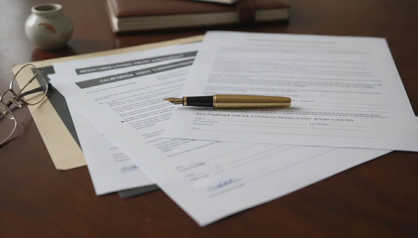 Estate planning and trust funding documents organized on a desk with a pen ready for signatures
