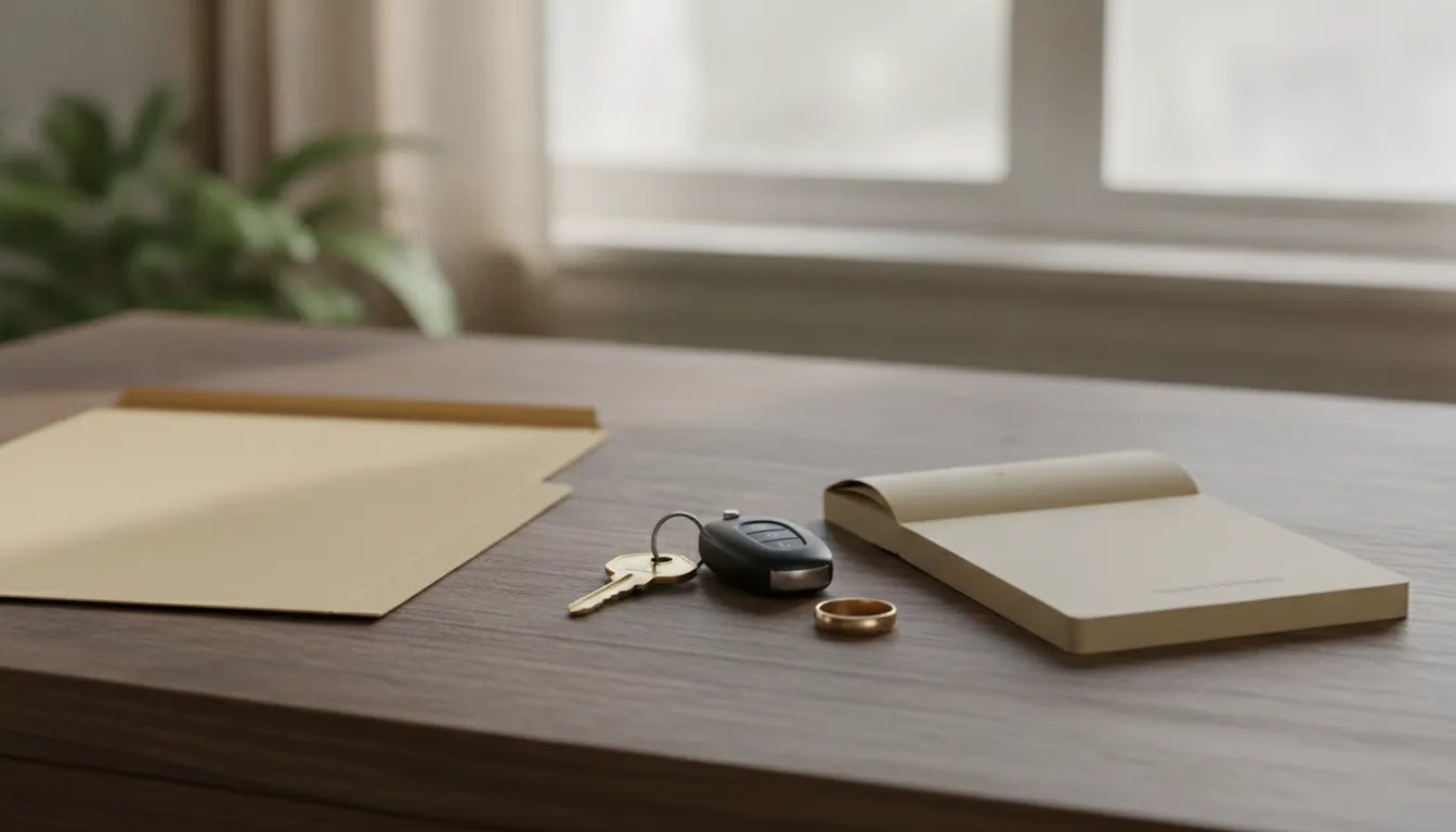 House key, car key, wedding band, and a blank folder on a desk