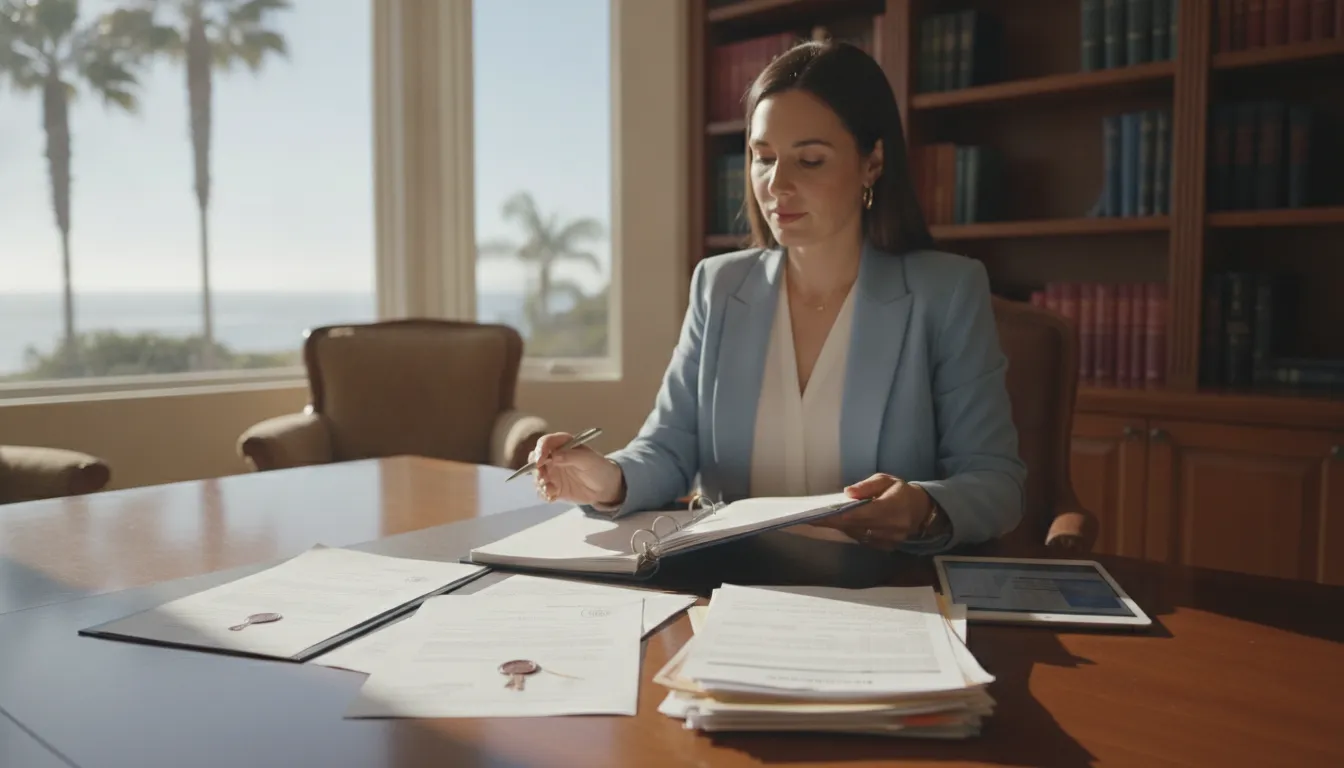 Trustee organizer reviewing asset inventory with property deeds and bank statements in a home office