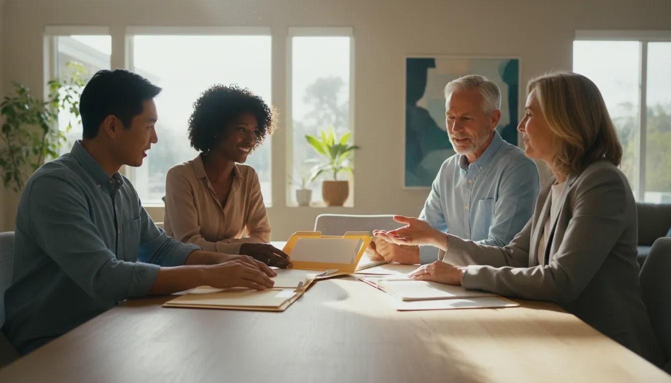 Blended family discussing estate planning choices with an adviser