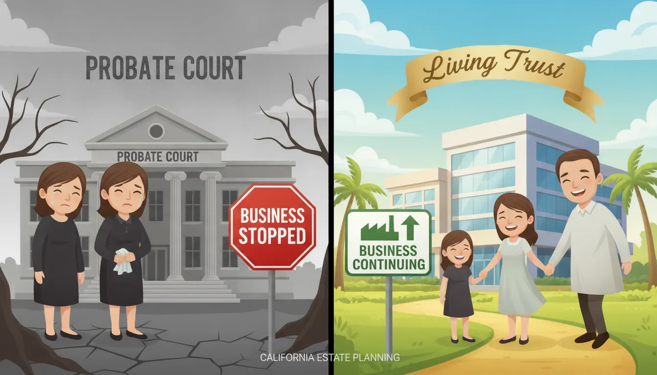 Comparison of probate court process versus living trust continuity for California business owners