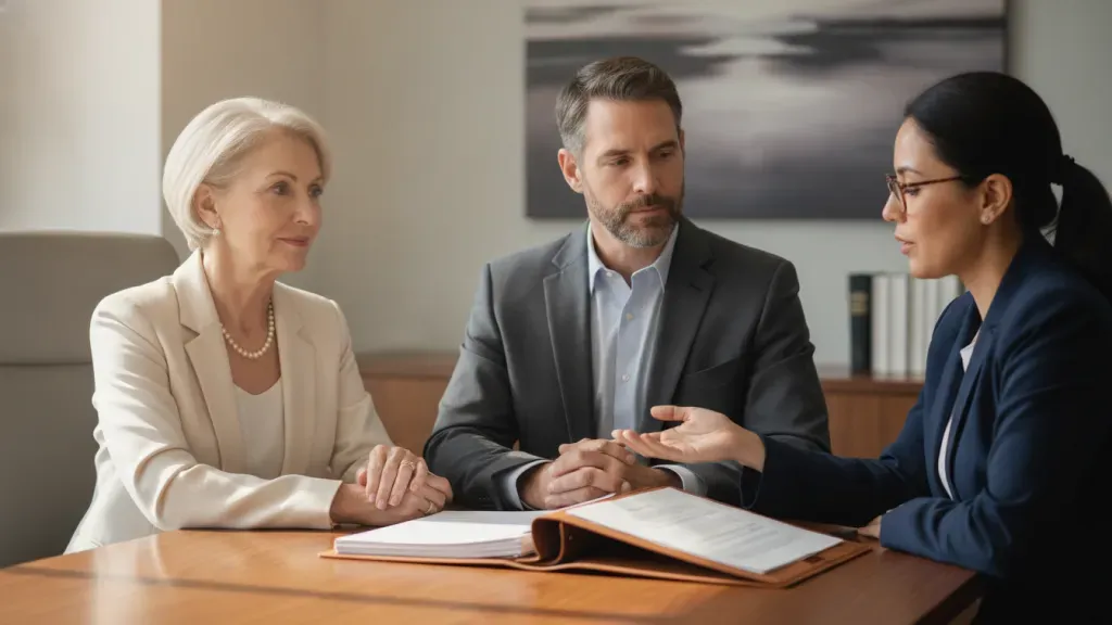 Parent and adult child discussing a transition in trust responsibilities with an attorney