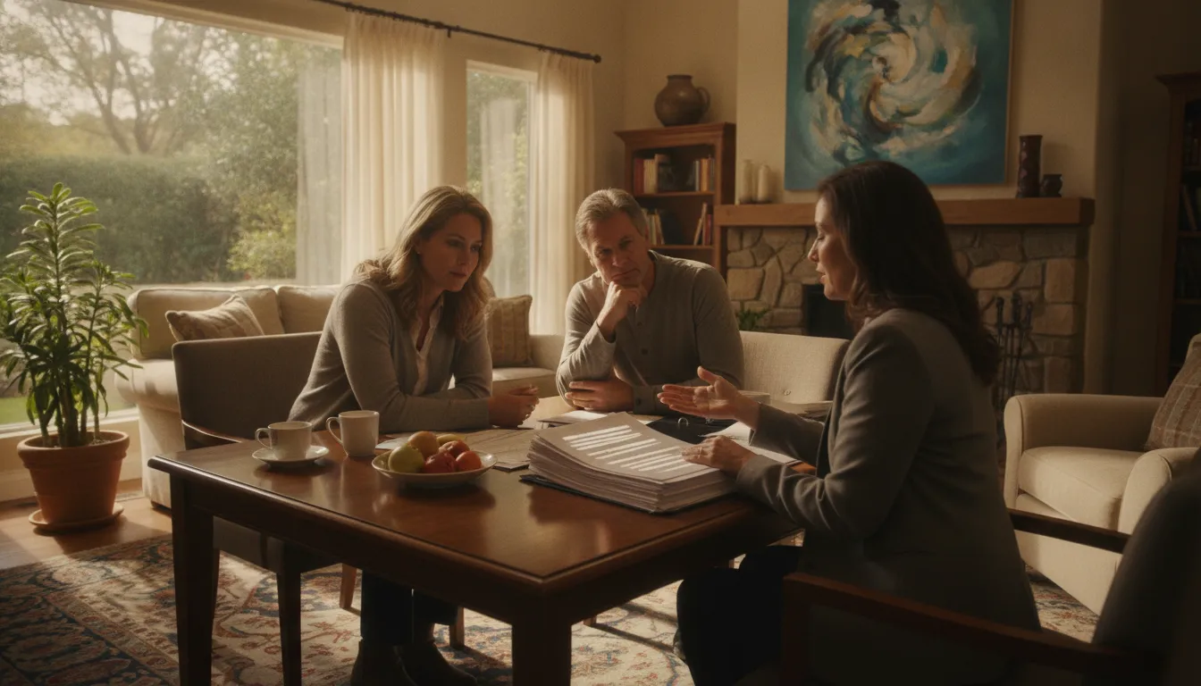 California family reviewing estate planning documents with their attorney in a sunlit home
