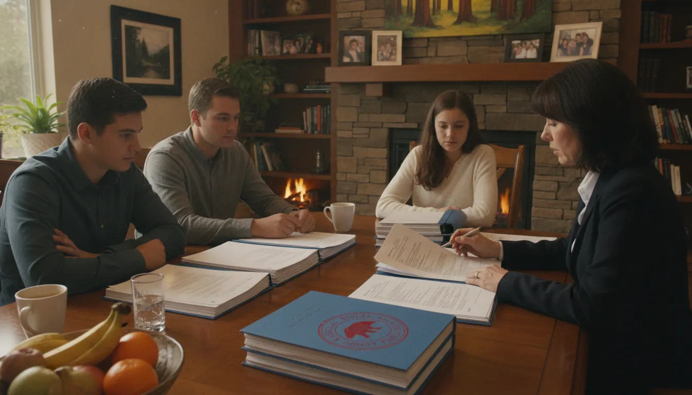 California family reviewing trust documents with a notary stamp at a dining room table