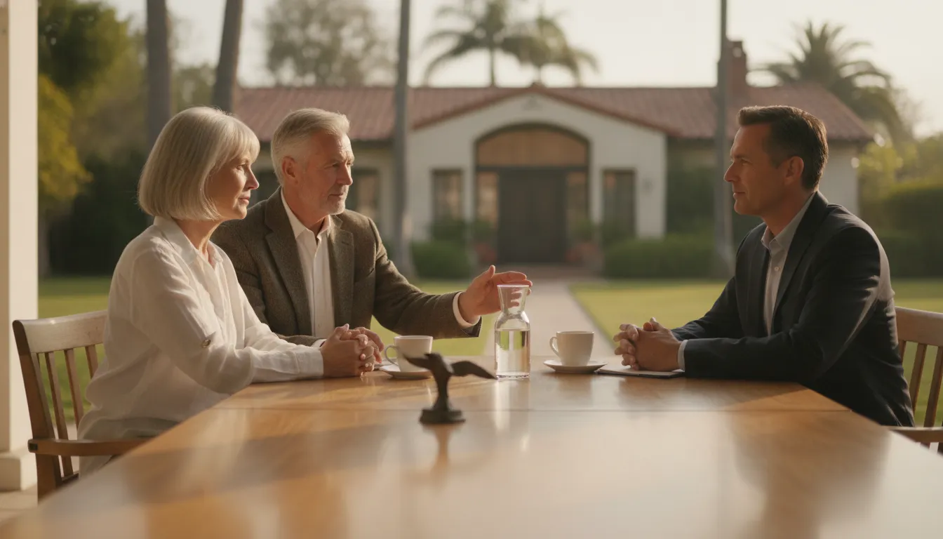 California couple discussing trust planning for their home with an estate advisor