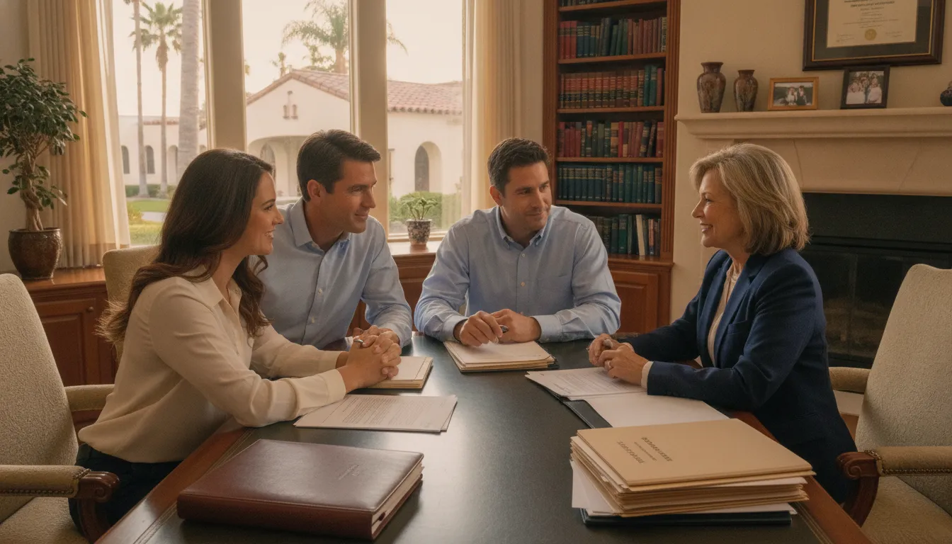 California family reviewing estate planning trust documents with an attorney at a desk