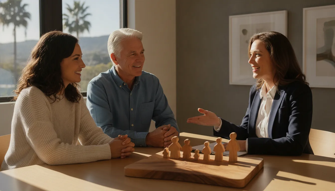Estate planning attorney explaining a trust plan to a multigenerational family in a bright California office