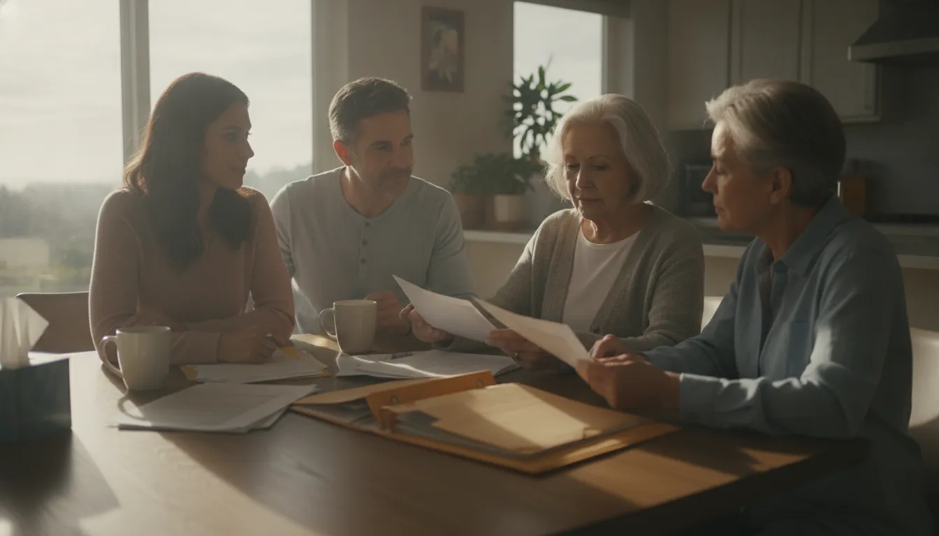 Adult children carefully sorting through a parent's personal papers and files at the family kitchen table after a recent loss