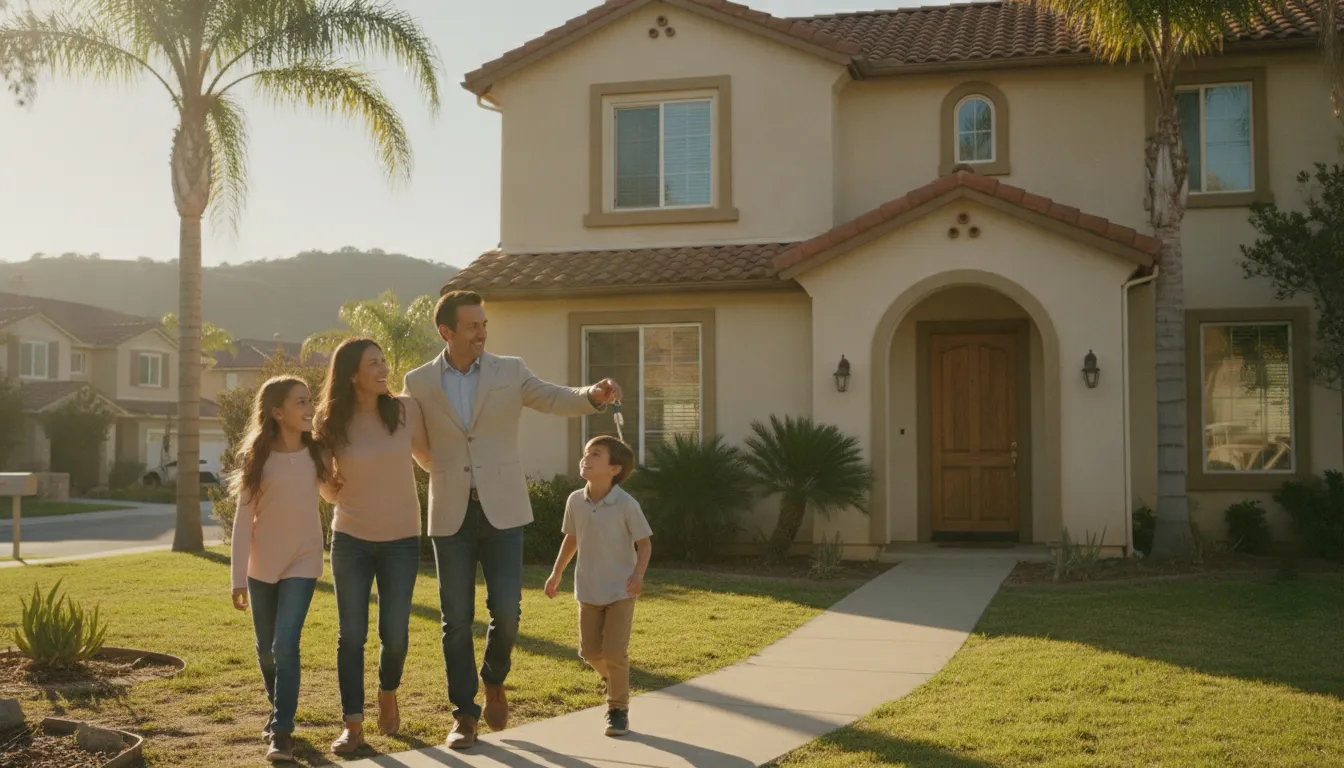 California homeowner family discussing property ownership outside their suburban home in bright daylight