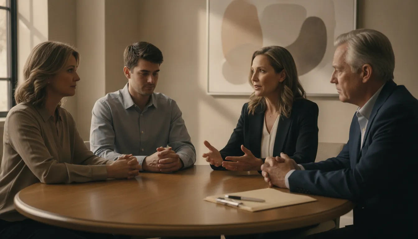 Family and successor trustee discussing a deceased trust beneficiary with a California estate attorney