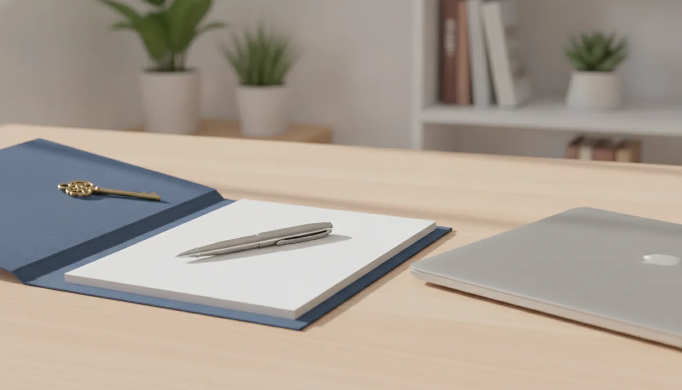 Trust planning folder, pen, home key, and laptop on a desk