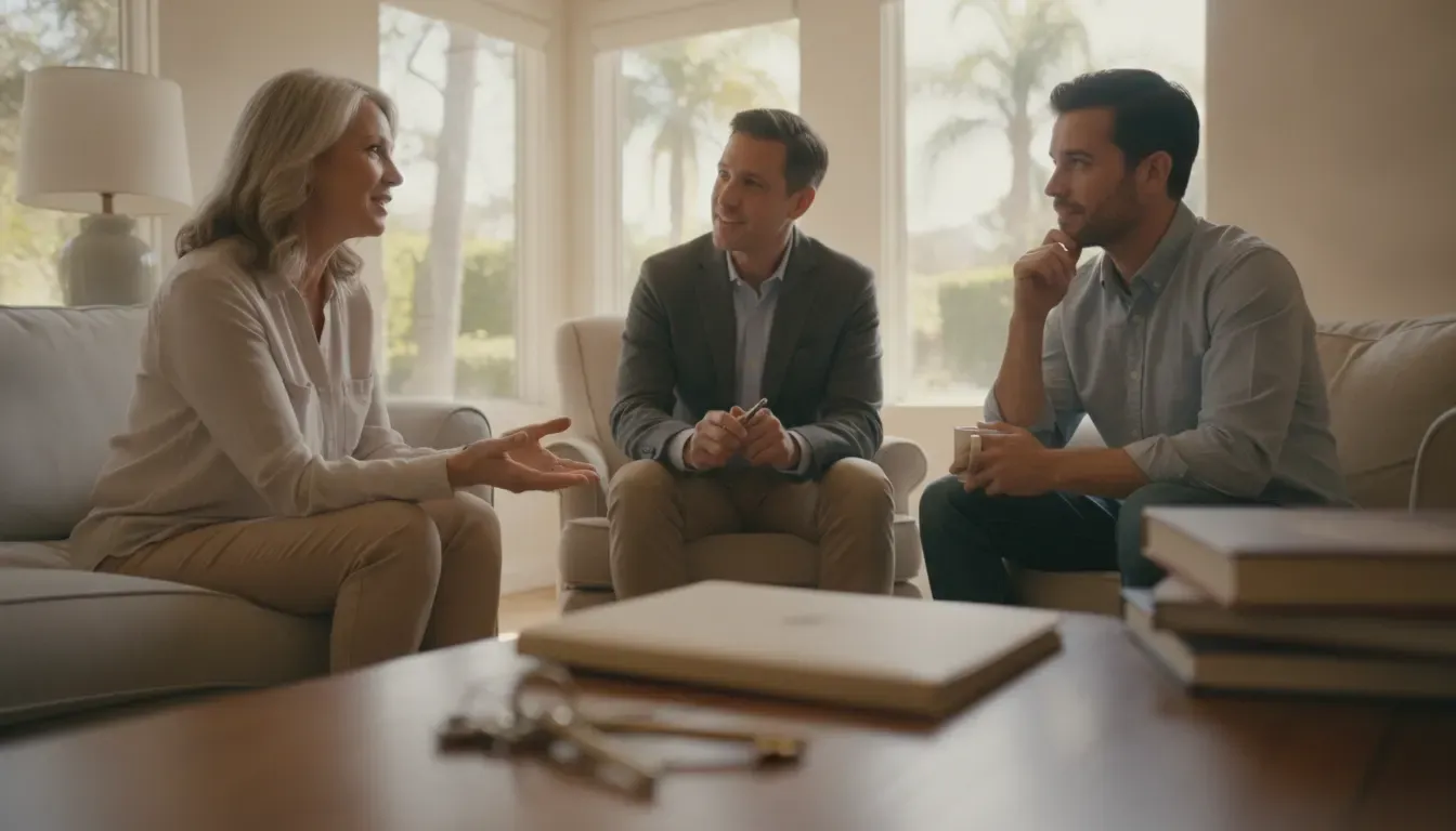 Trustee and beneficiary discussing who owns property in a California trust with an estate attorney