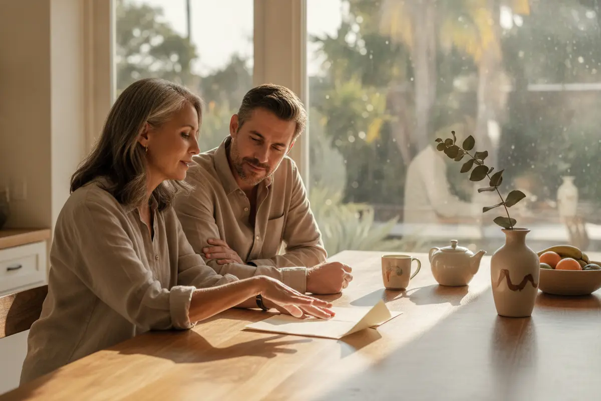 Parent and adult child reviewing estate planning documents at home