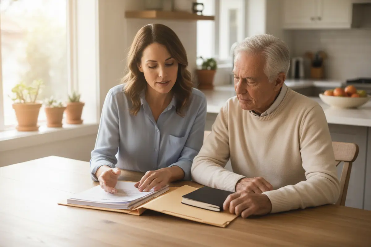 Parent and adult child reviewing estate planning papers together