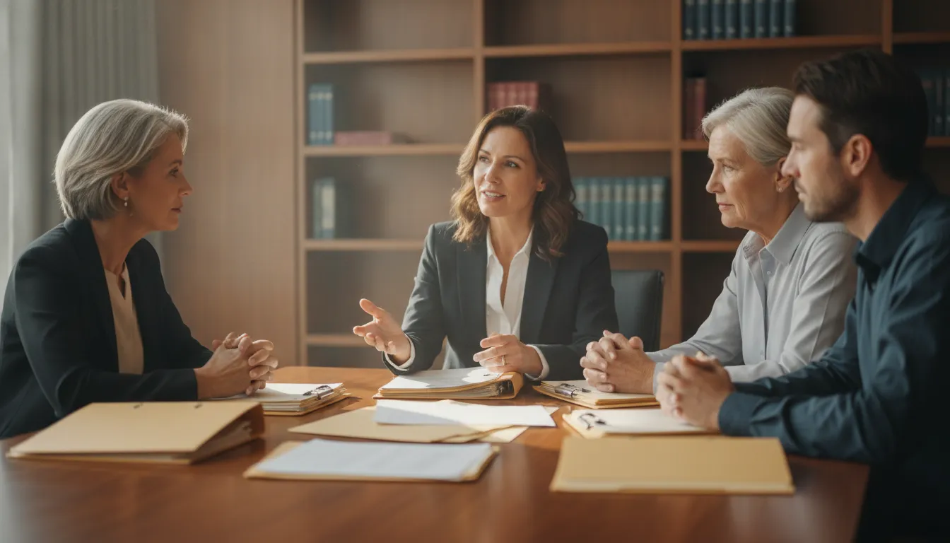 Family discussing trust contest evidence with an estate attorney in California