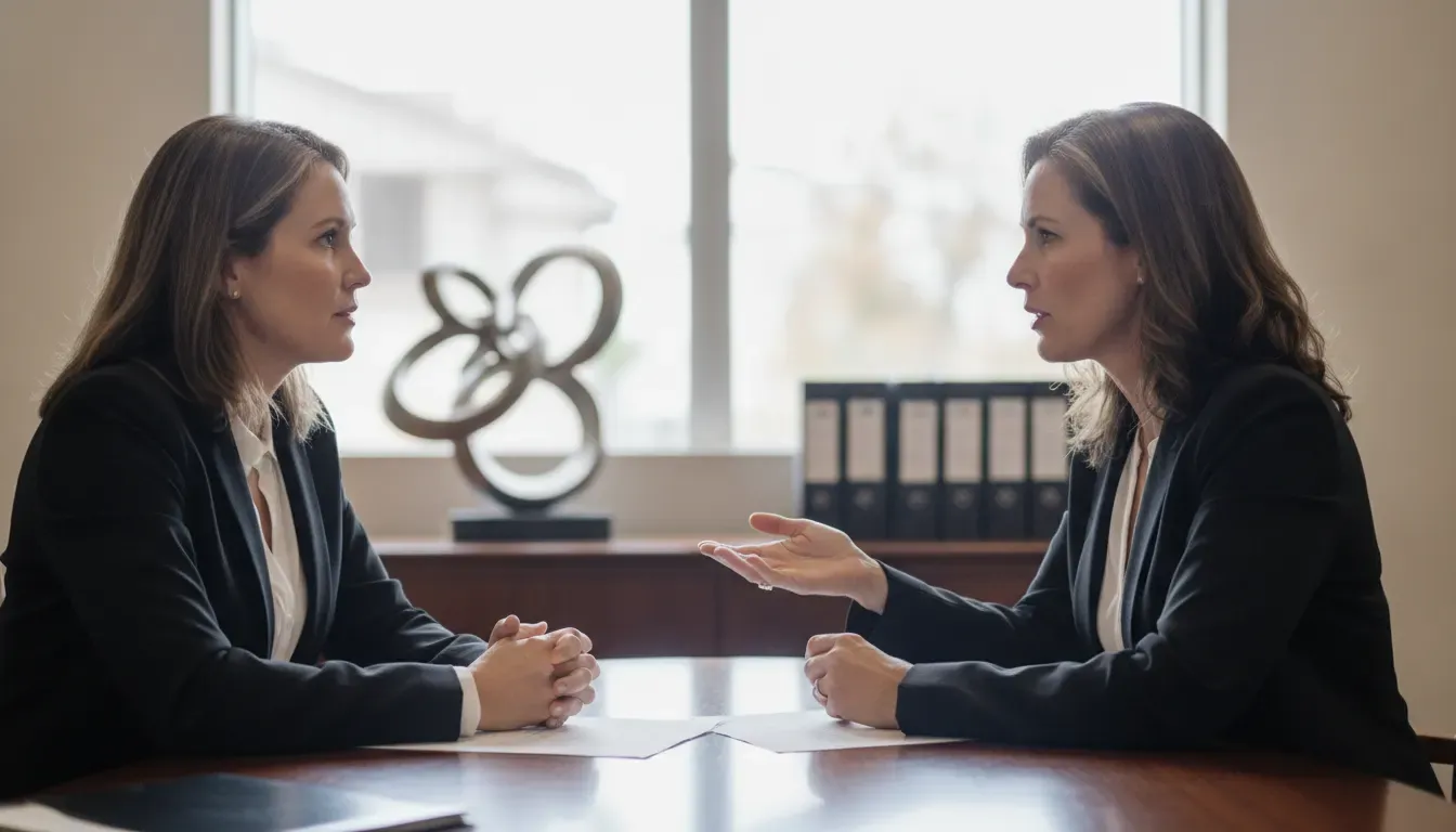 Trustee and family member discussing irrevocable trust instructions with an attorney