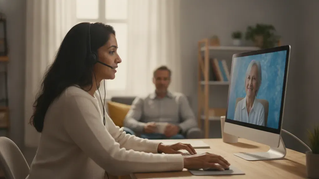 Older adult speaking with a counselor through individual teletherapy