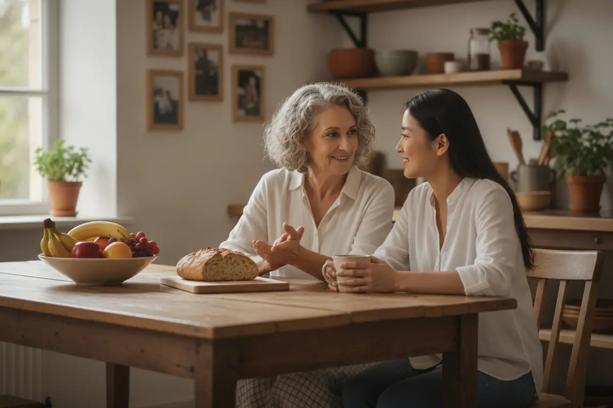 An older adult and family caregiver having a calm, supportive conversation at home