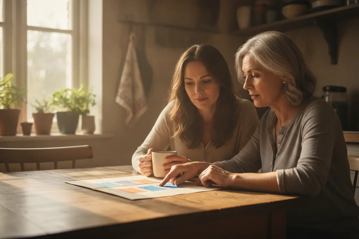 An older adult and family member discussing a simple volunteer schedule at a kitchen table