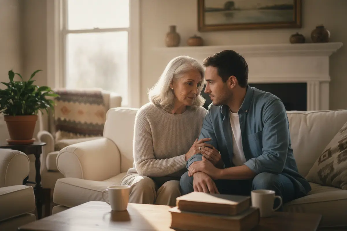 An older adult and family member talking together at home